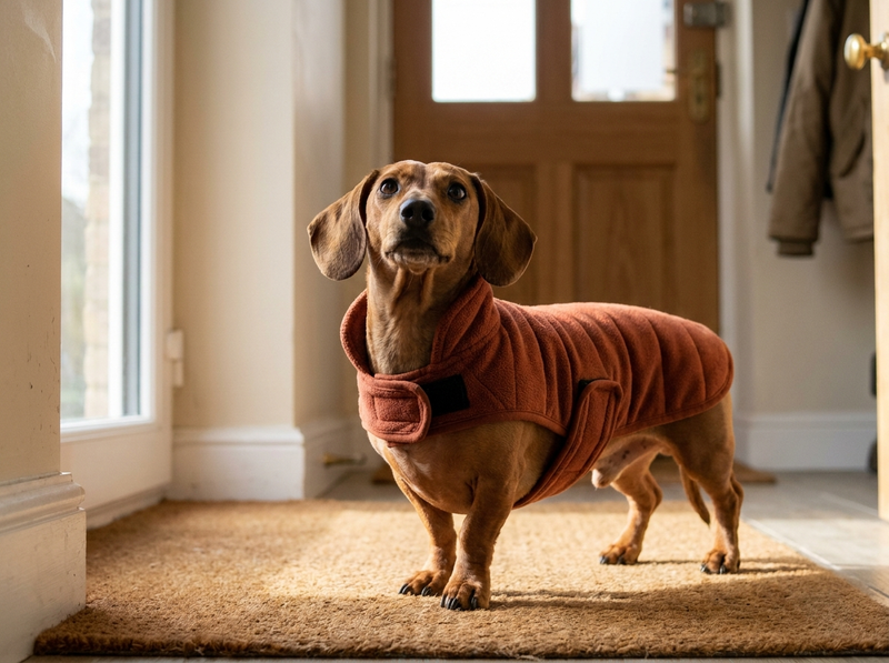 A dachshund wearing a quilted rust fleece jacket standing on a doormat by the front door