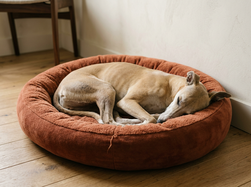 A fawn whippet asleep curled inside a round plush bolster bed