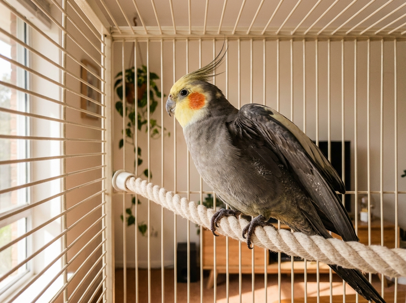 A cockatiel perched on a cotton rope perch inside a cream powder-coated cage beside a window