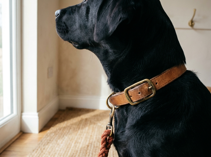 Close view of a tan leather dog collar with a brass buckle and a braided rope leash clipped on