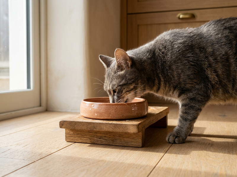 A tabby cat eating from a terracotta ceramic bowl set in a low oak stand