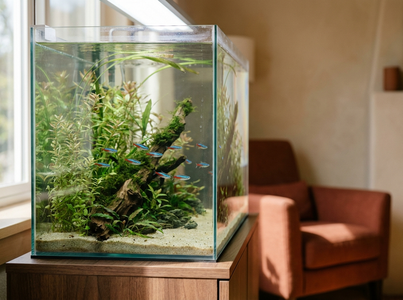 Neon tetras holding formation among green plants in a planted freshwater aquarium