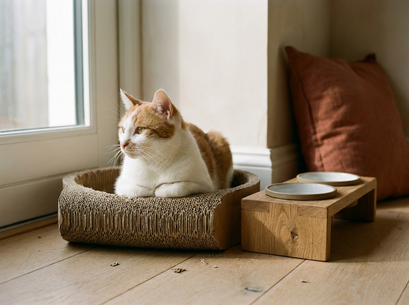 A white and ginger cat settled inside a round cardboard scratcher lounge beside a wooden feeding stand