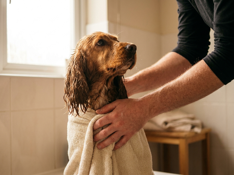 A wet cocker spaniel wrapped in a cream towel being dried by hand after a bath