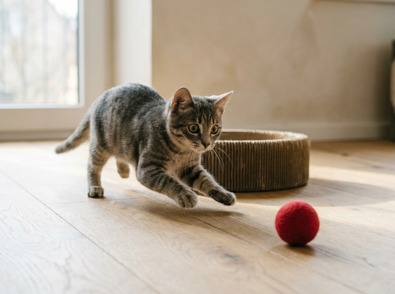 A young tabby cat mid-pounce chasing a felt play ball across an oak floor