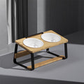Raised Ceramic Double-Bowl Cat Feeder with Wooden Stand for Neck and Posture Support