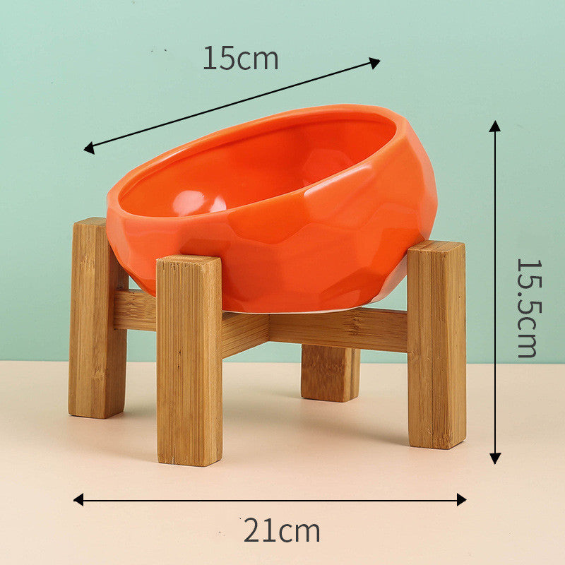 Slanted-Mouth Ceramic Cat Feeding Bowl with Optional Raised Stand, Four Color Options