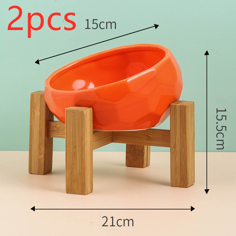 Slanted-Mouth Ceramic Cat Feeding Bowl with Optional Raised Stand, Four Color Options