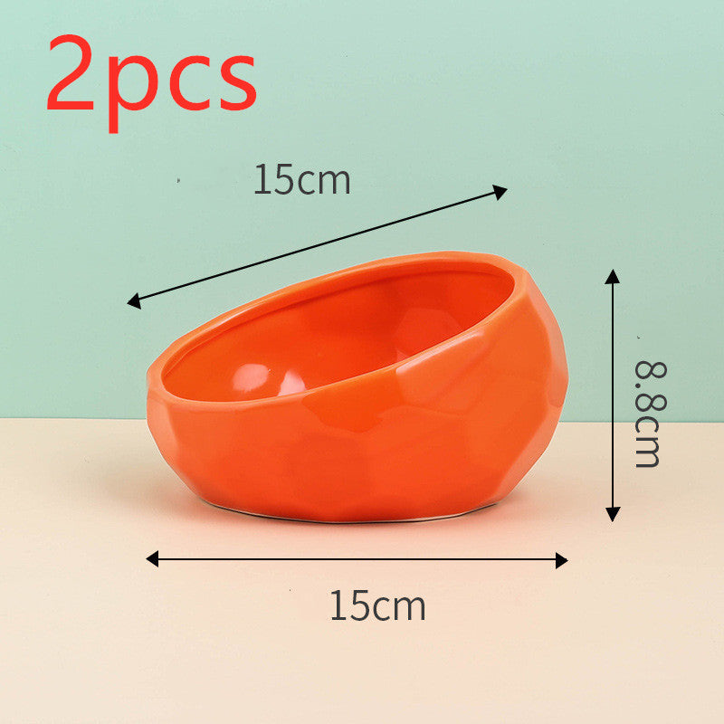Slanted-Mouth Ceramic Cat Feeding Bowl with Optional Raised Stand, Four Color Options