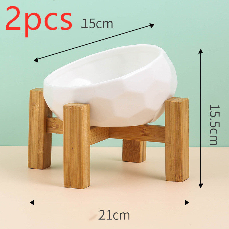 Slanted-Mouth Ceramic Cat Feeding Bowl with Optional Raised Stand, Four Color Options