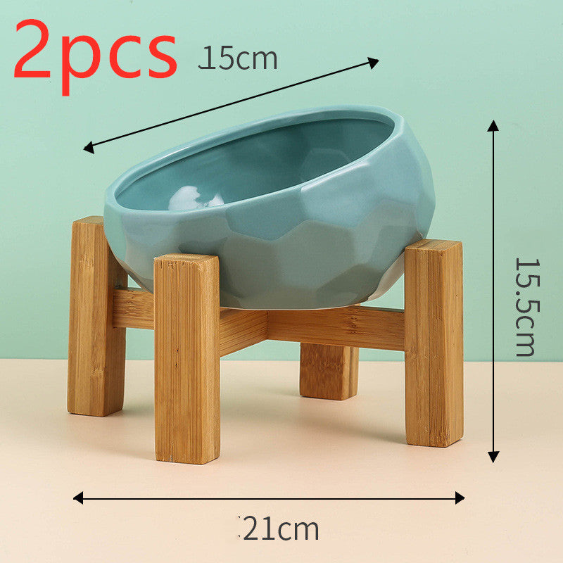 Slanted-Mouth Ceramic Cat Feeding Bowl with Optional Raised Stand, Four Color Options