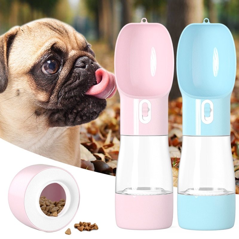Pug licking beside the pink and blue bottles and food cup