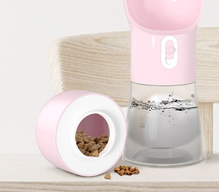 Pink bottle beside its food container on a wooden shelf
