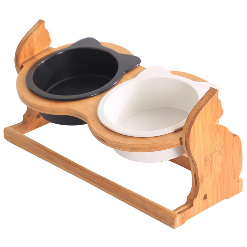 Raised Ceramic Feeding Dish for Cats with Stand, 14 oz (400 ml), Single or Double Bowl