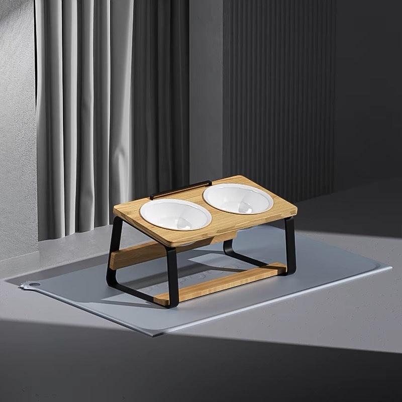 Raised Ceramic Double-Bowl Cat Feeder with Wooden Stand for Neck and Posture Support