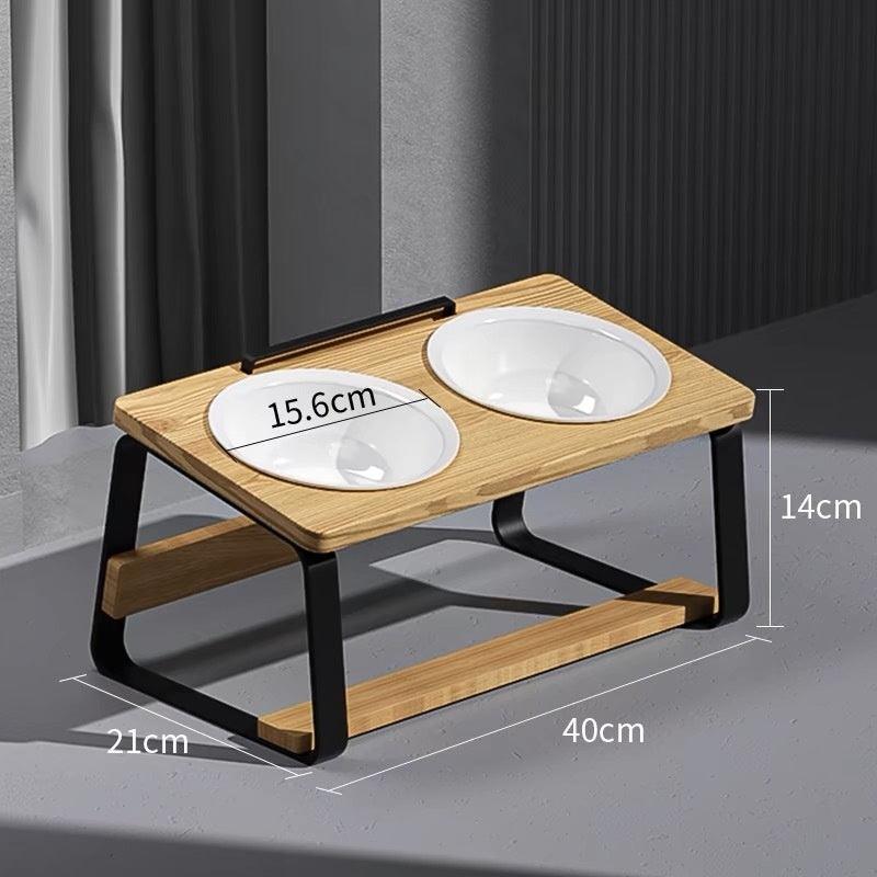Raised Ceramic Double-Bowl Cat Feeder with Wooden Stand for Neck and Posture Support