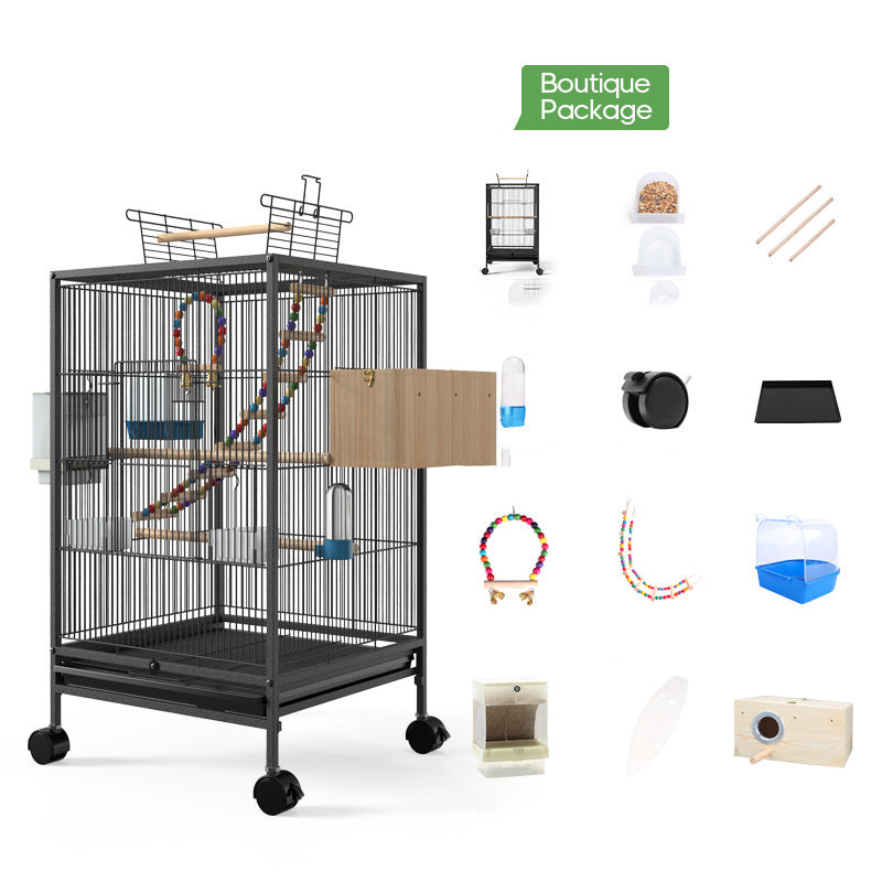 Powder-Coated Metal Bird Cage for Cockatiels and Parrots with Feeder, Nest, and Breeding Box, 34 In