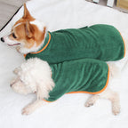 Small dog wearing the green bathrobe on a bed