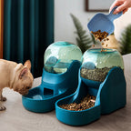 French bulldog eating from the teal feeder while kibble is poured