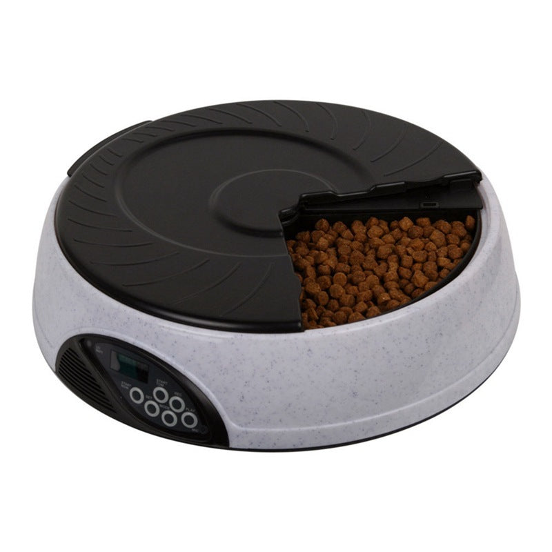 Grey feeder with one compartment open showing kibble