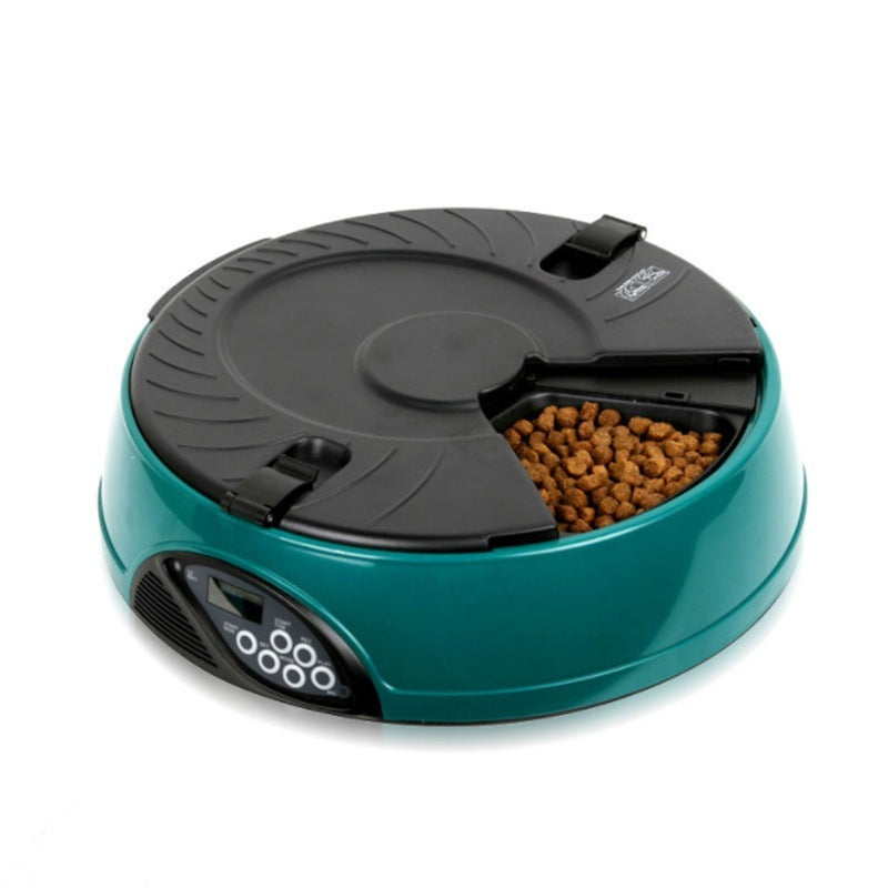 Teal feeder with one compartment open showing kibble
