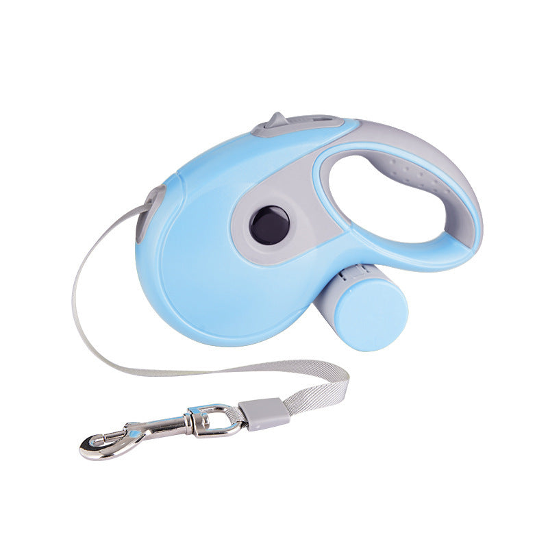 Light blue retractable leash with grey strap and clip