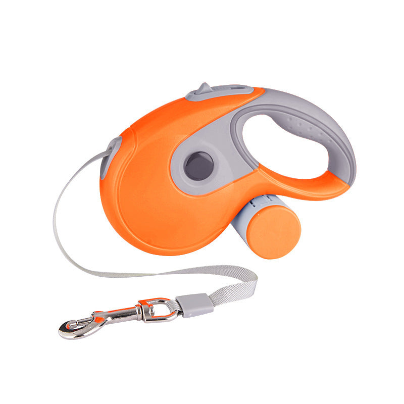 Orange retractable leash with grey grip and strap