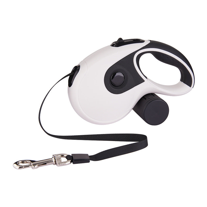White retractable leash with black strap extended
