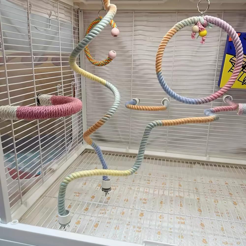 Two rope perches installed inside a white cage