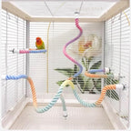 Green parrot on the rope perch inside a white cage