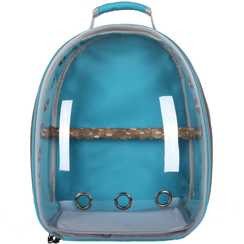 Teal transparent carrier backpack with a wooden perch