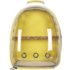 Yellow transparent carrier backpack with a wooden perch