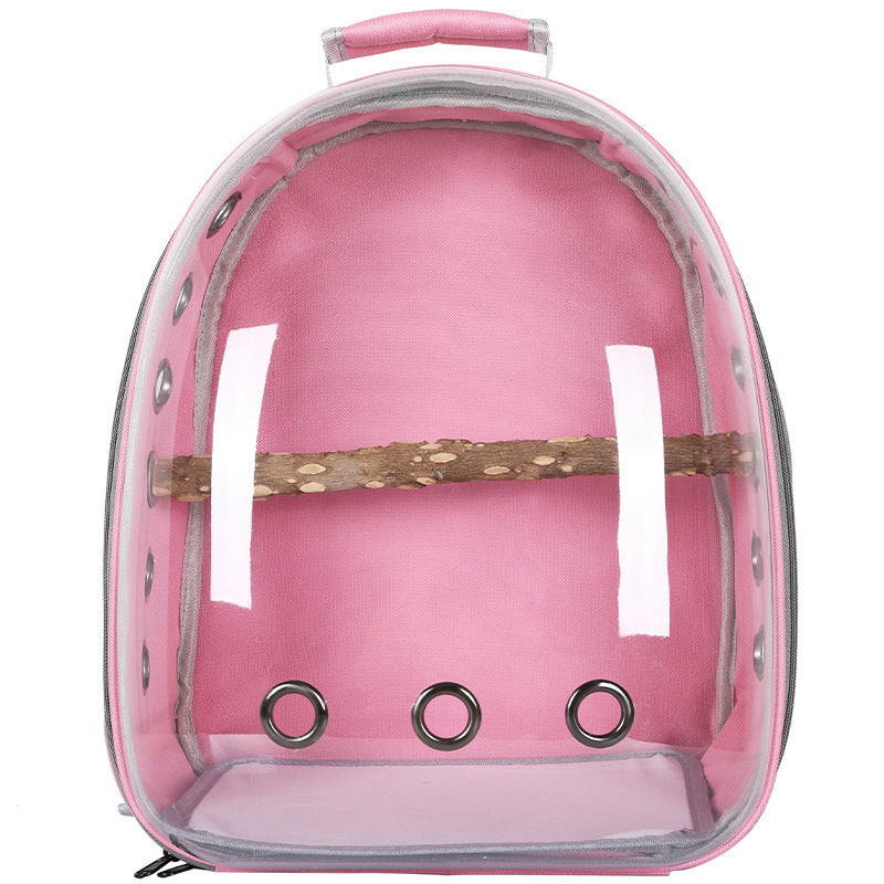 Pink transparent carrier backpack with a wooden perch