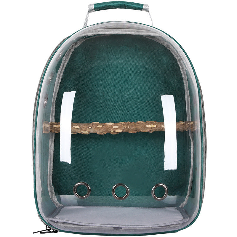 Dark green transparent carrier backpack with a perch