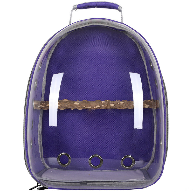 Purple transparent carrier backpack with a wooden perch