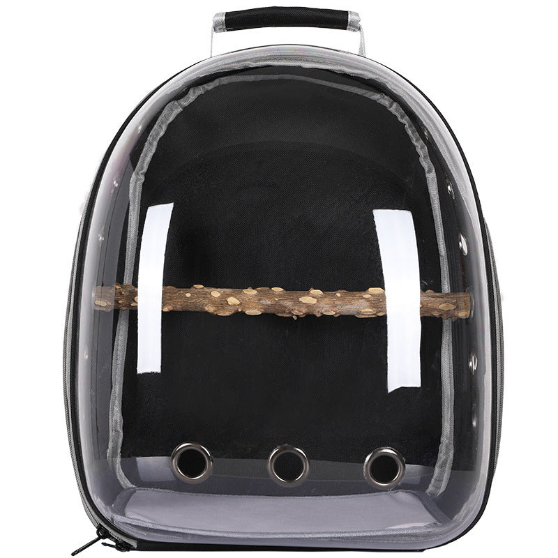 Black transparent carrier backpack with a wooden perch