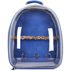 Blue transparent carrier backpack with a wooden perch