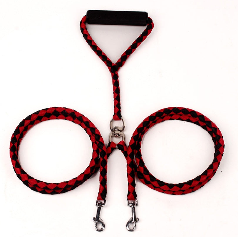 Red and black braided rope double leash with padded handle