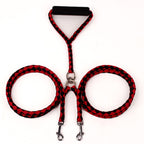 Red and black braided rope double leash with padded handle