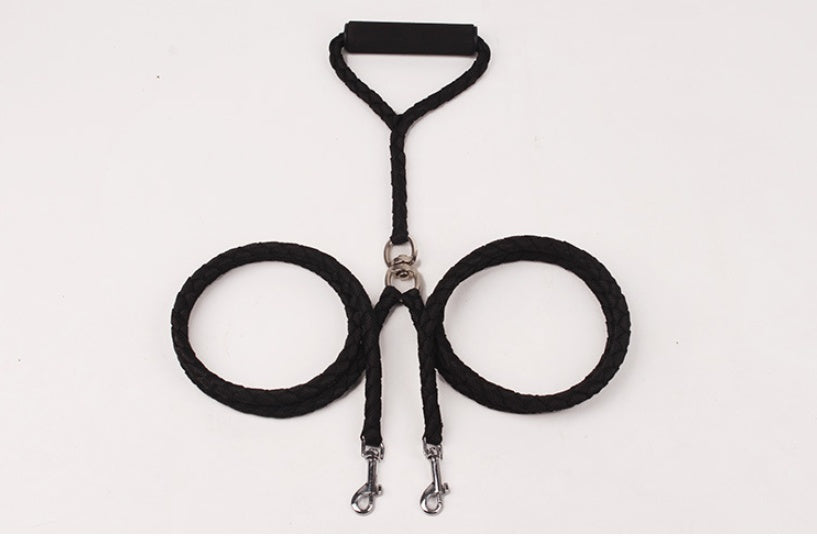 Black braided rope double leash laid flat with two clips