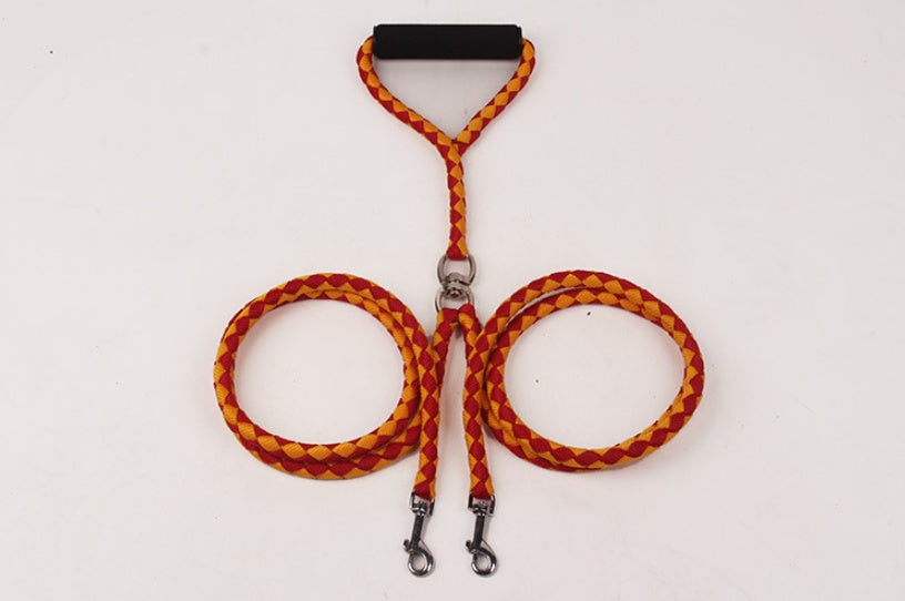 Orange braided rope double leash with black foam handle