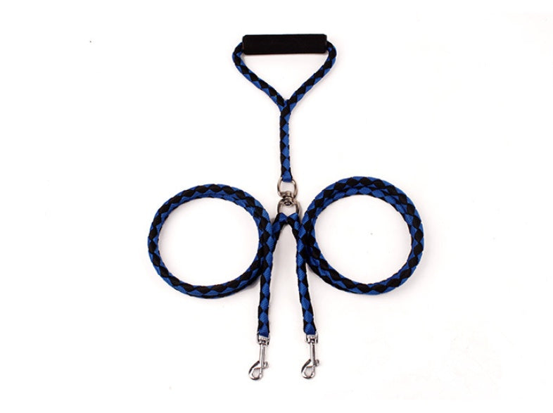 Blue braided rope double leash with two metal clips