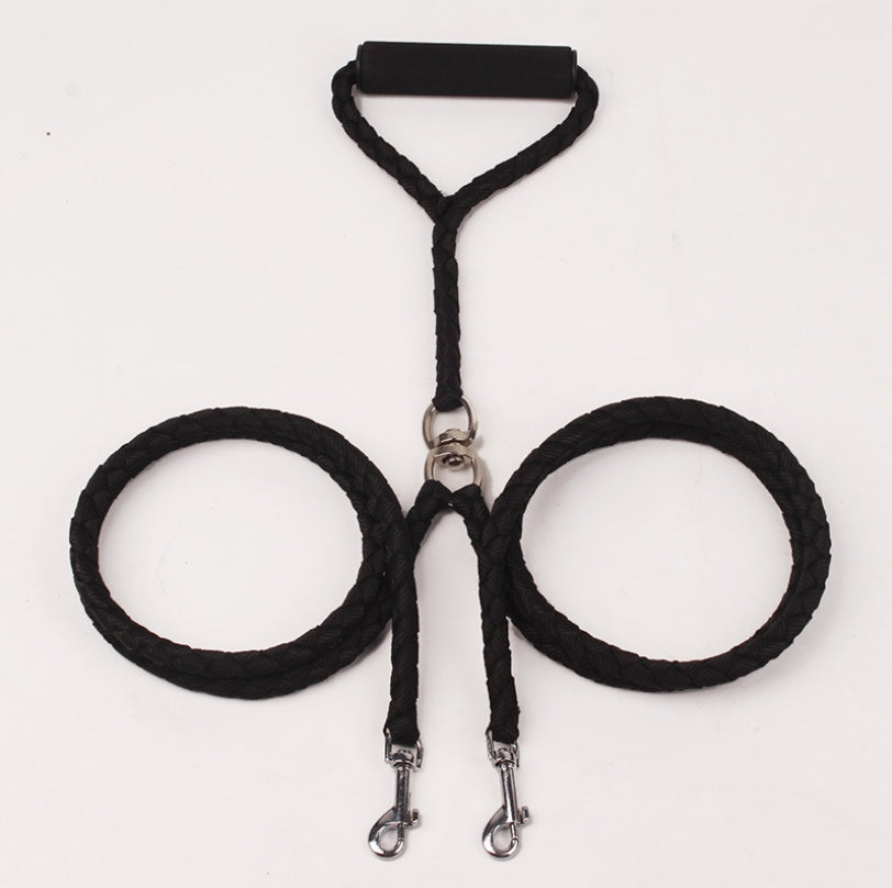 Black braided double leash, close view of the swivel joint