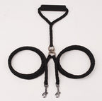 Black braided double leash, close view of the swivel joint