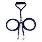 Blue and black braided double leash with padded grip