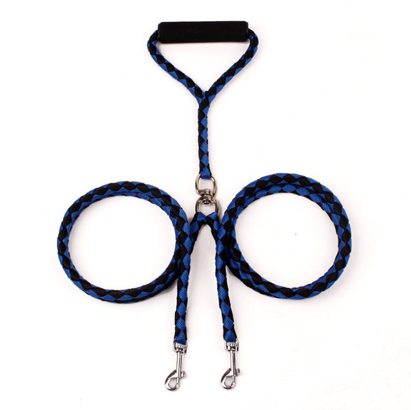 Blue and black braided double leash with padded grip