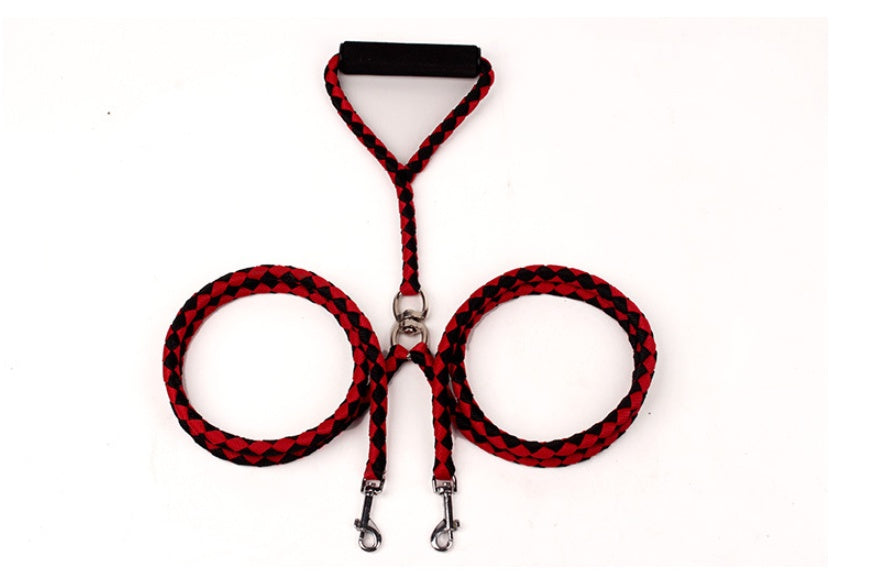 Red and black braided double leash coiled into two loops