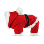 Red Santa outfit with white fur trim laid flat