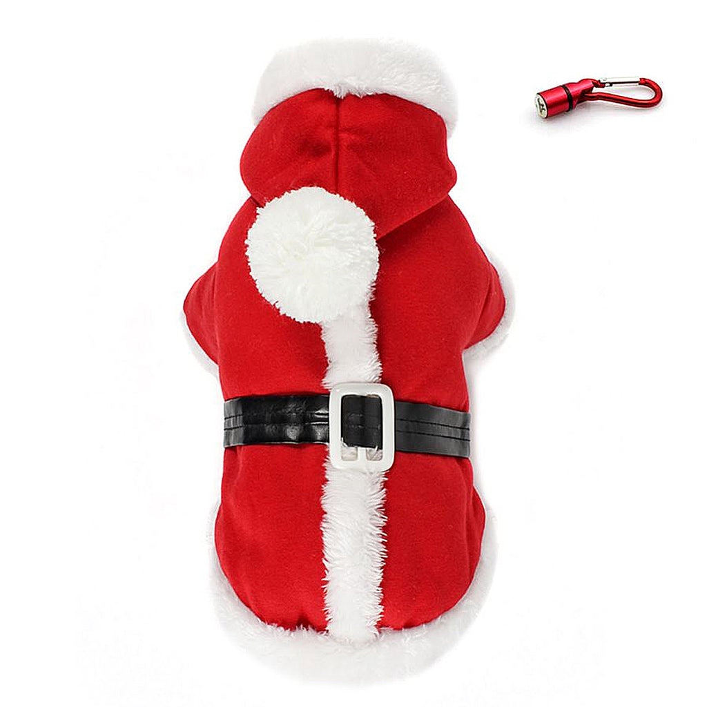 Red hooded Santa coat with belt, shown with its clip