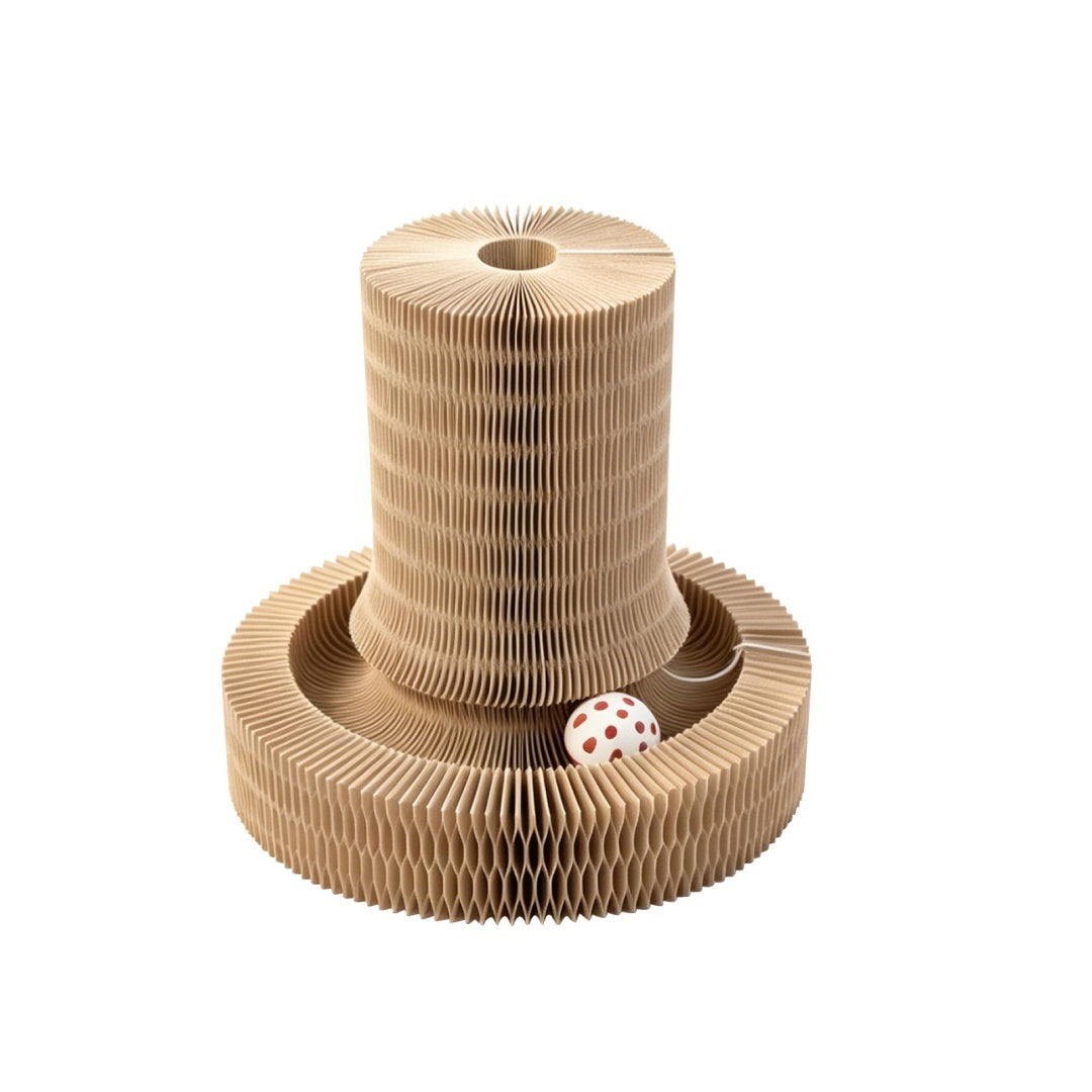 Cardboard scratcher opened into a round lounge with a ball
